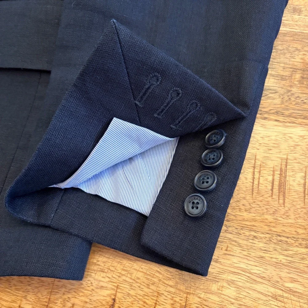 Murano Linen Blazer Mens S 38 Baird McNutt Classic Navy Blue Slim Summer Wedding